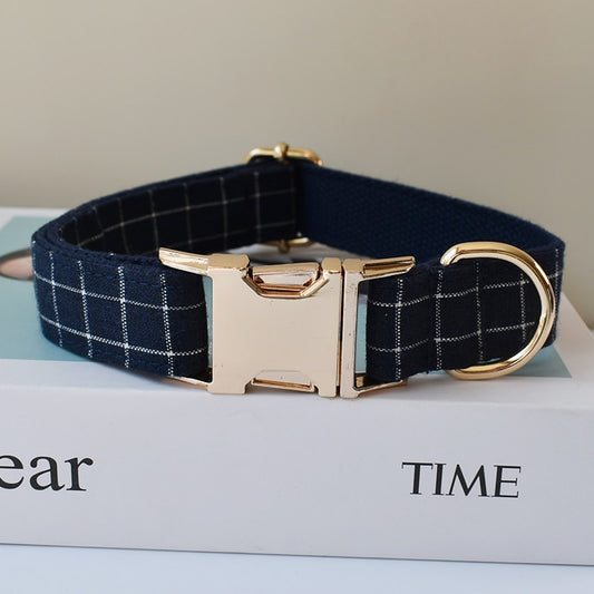 Navy Plaid Print Personalized Bow Tie Collar