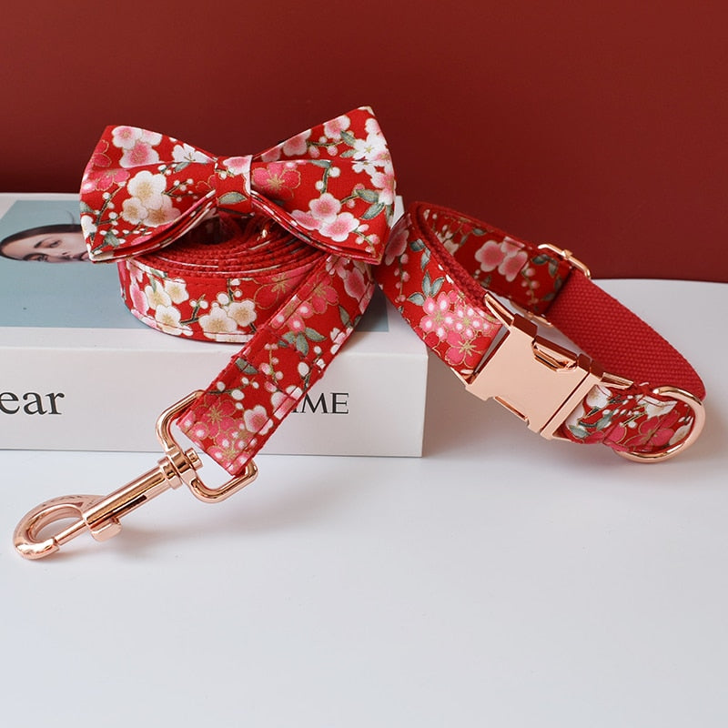 Red Flower Bow Tie Dog Collar And Leash