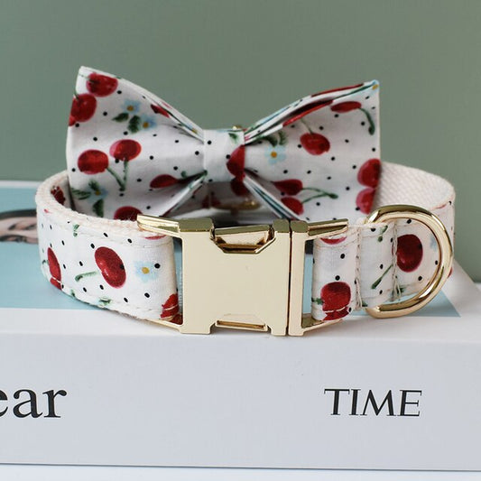 White Cherry Print Personalized Bow Tie Collar