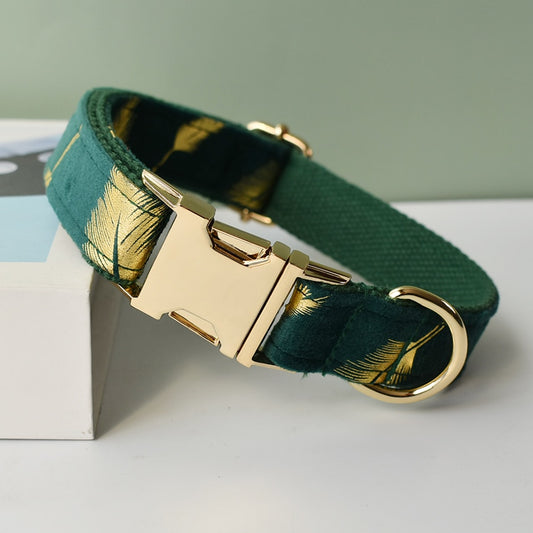 Forest Green Gold Leaves Personalized Bow Tie Collar