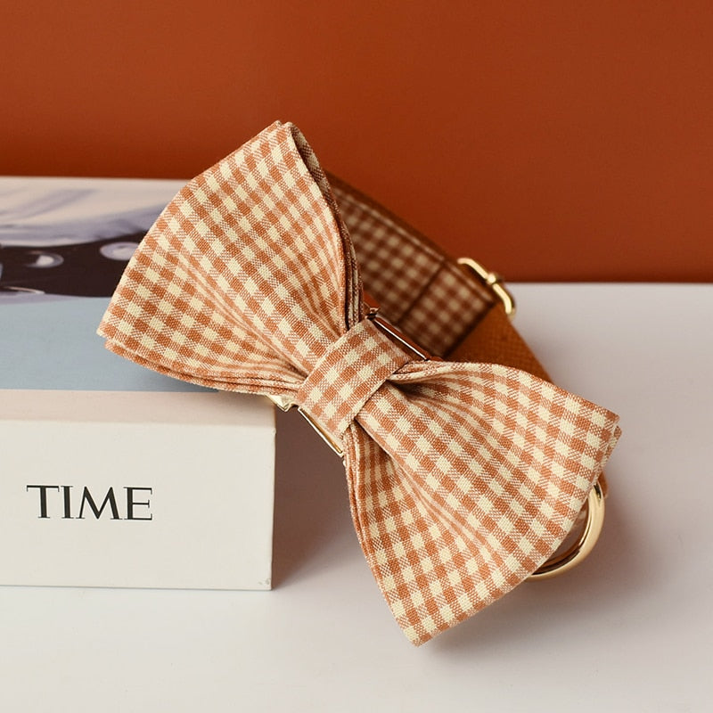 Caramel Brown Checkered Personalized Bow Tie Collar