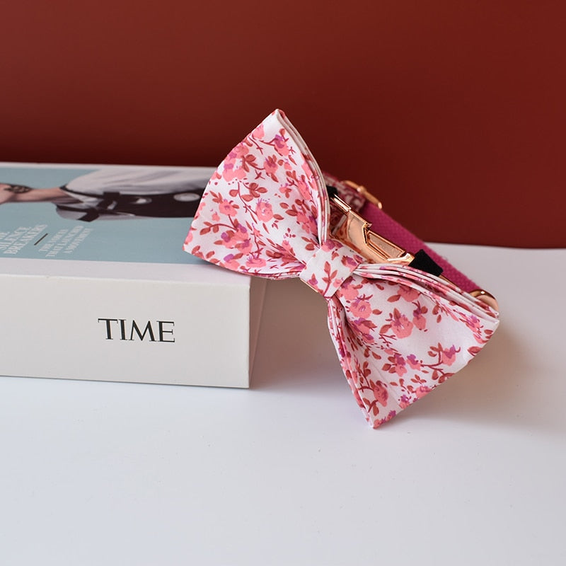 Pink Floral Print Personalized Bow Tie Collar