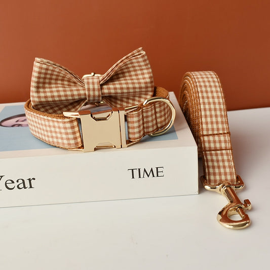 Caramel Brown Checkered Personalized Bow Tie Collar