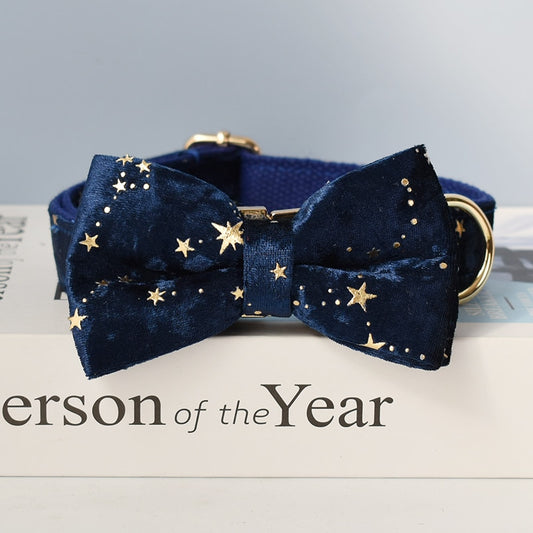 Navy Blue & Gold Stars Personalized Bow Tie Collar