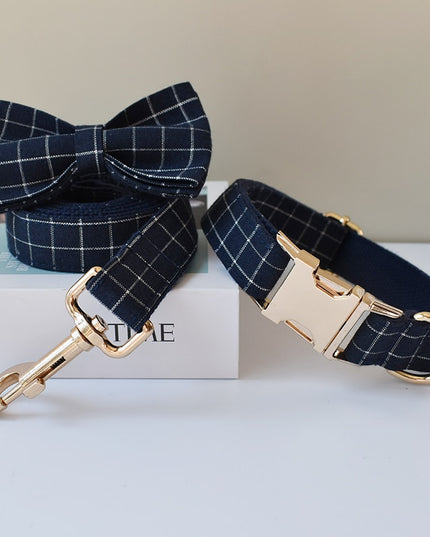Navy Plaid Print Personalized Bow Tie Collar