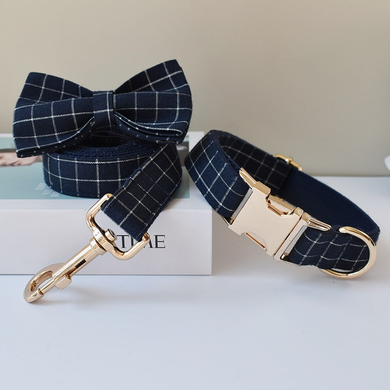 Navy Plaid Print Personalized Bow Tie Collar