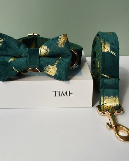 Forest Green Gold Leaves Personalized Bow Tie Collar