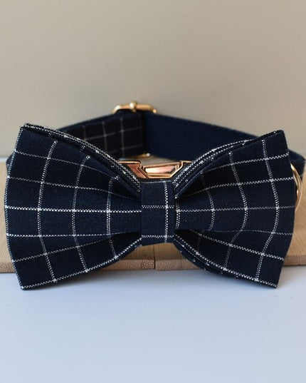 Navy Plaid Print Personalized Bow Tie Collar