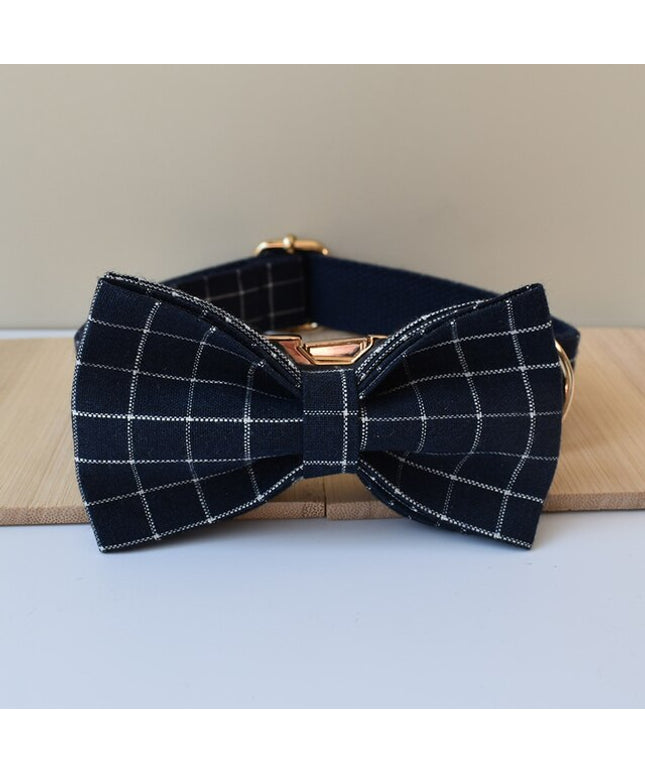 Navy Plaid Print Personalized Bow Tie Collar