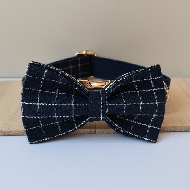 Navy Plaid Print Personalized Bow Tie Collar