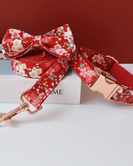 Red Cherry Blossom Print Personalized Bow Tie Collar