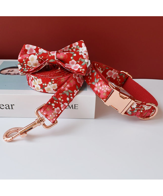Red Cherry Blossom Print Personalized Bow Tie Collar