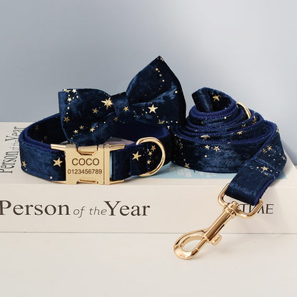 Navy Blue & Gold Stars Personalized Bow Tie Collar
