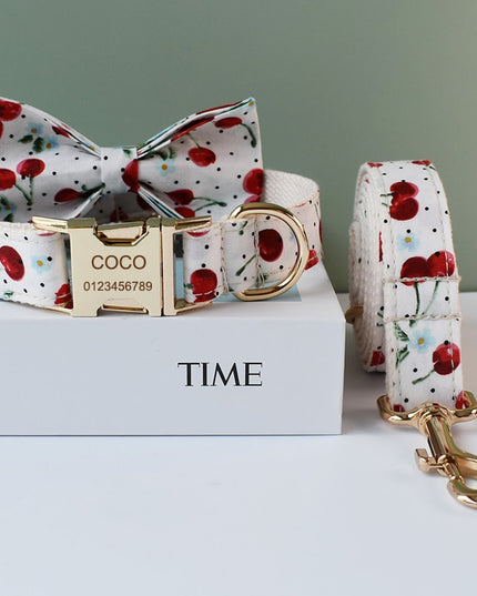 White Cherry Print Personalized Bow Tie Collar