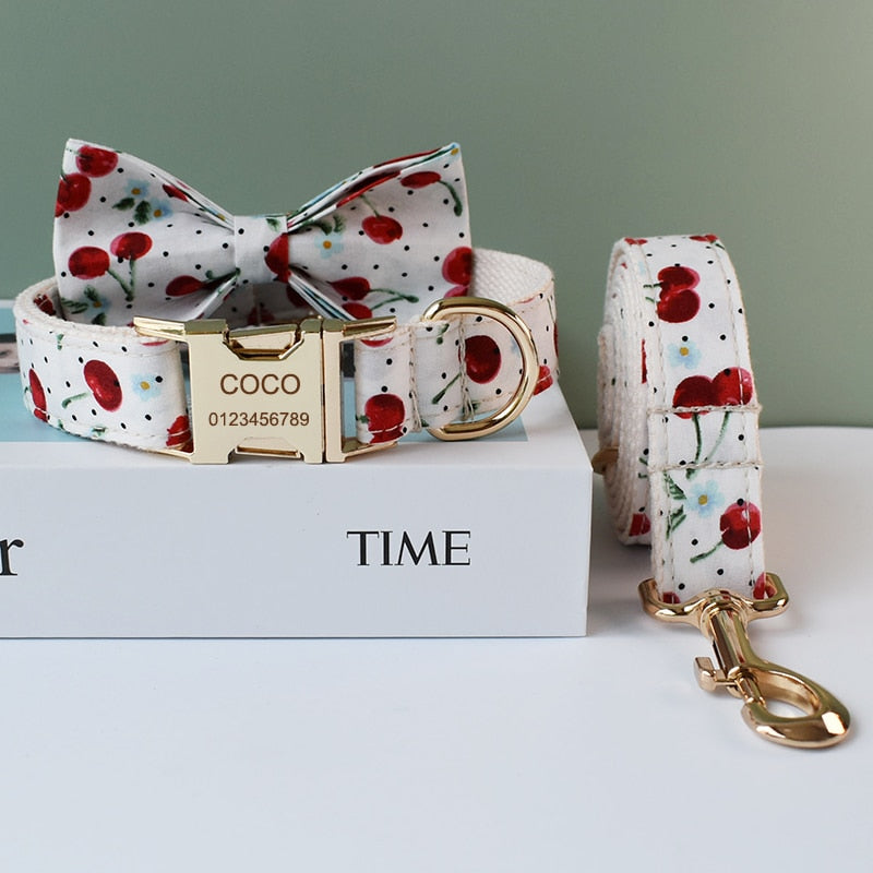 White Cherry Print Personalized Bow Tie Collar