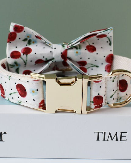 White Cherry Print Personalized Bow Tie Collar