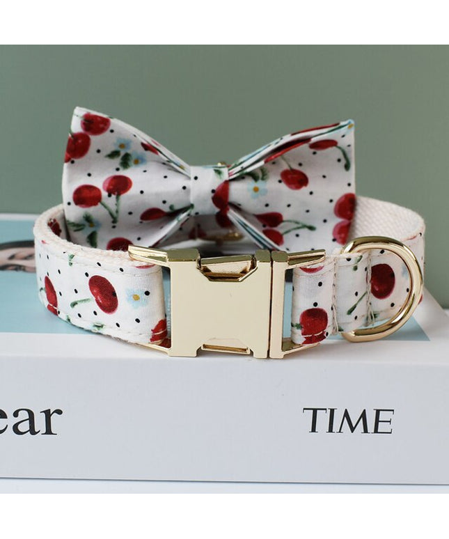 White Cherry Print Personalized Bow Tie Collar
