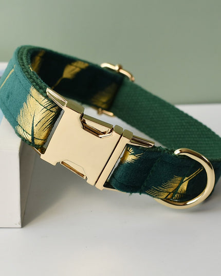 Forest Green Gold Leaves Personalized Bow Tie Collar