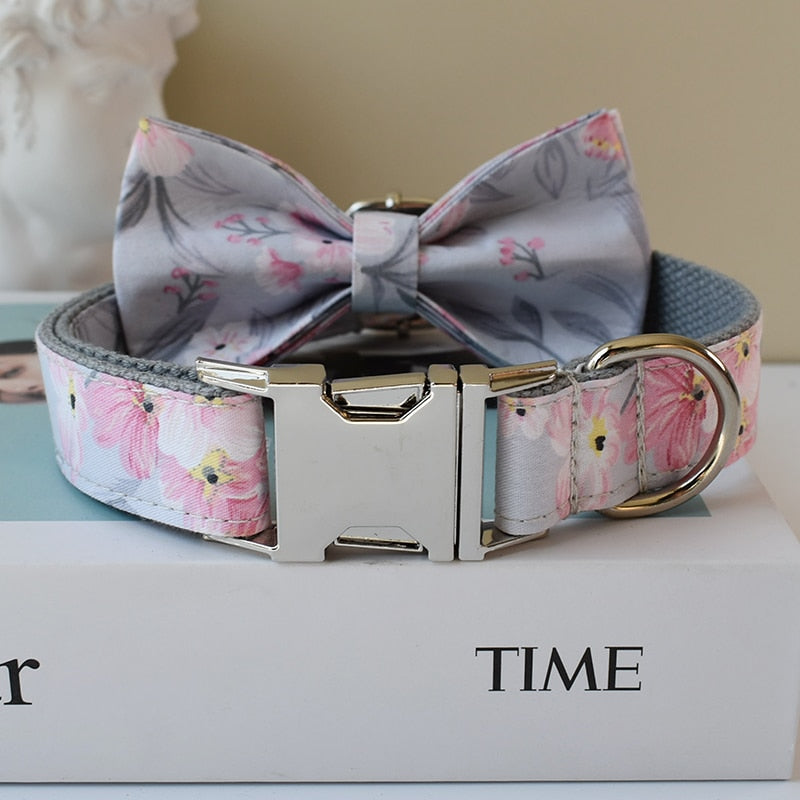Blue Grey Orchid Print Personalized Bow Tie Collar