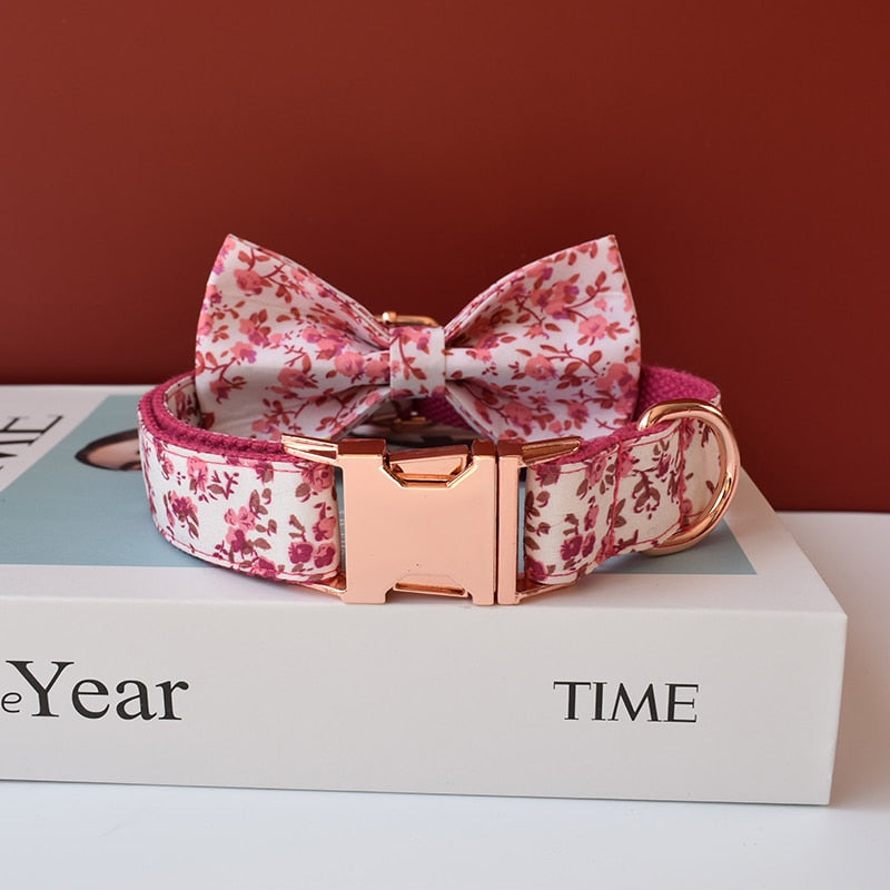 Pink Floral Print Personalized Bow Tie Collar