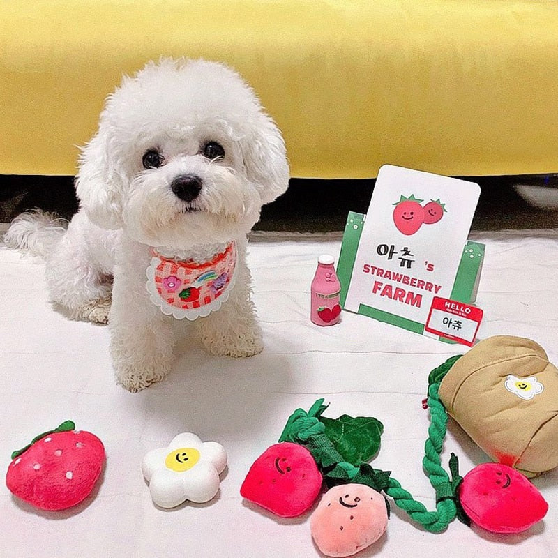 Tboline Plush Cartoon Dog Toy Vegetable Squeaky Pet Toy Puppy Supply (strawberry)