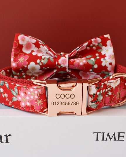 Red Cherry Blossom Print Personalized Bow Tie Collar
