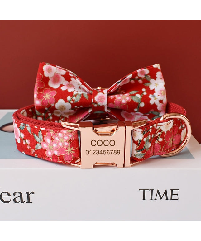 Red Cherry Blossom Print Personalized Bow Tie Collar