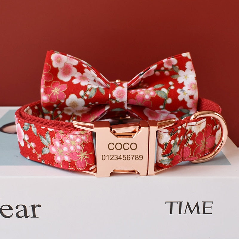 Red Cherry Blossom Print Personalized Bow Tie Collar