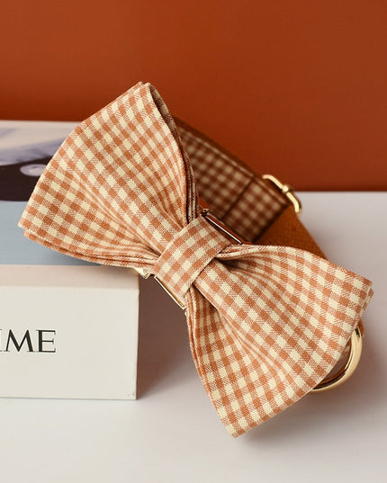 Caramel Brown Checkered Personalized Bow Tie Collar