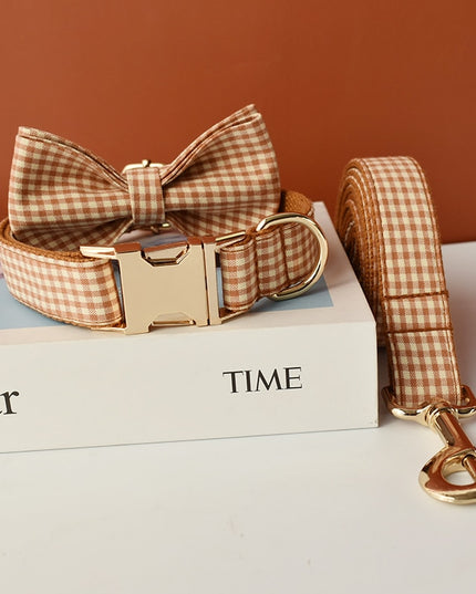 Caramel Brown Checkered Personalized Bow Tie Collar