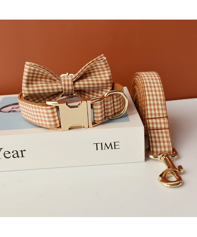 Caramel Brown Checkered Personalized Bow Tie Collar