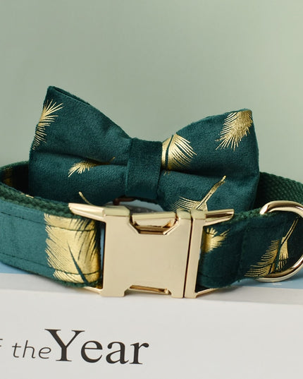 Forest Green Gold Leaves Personalized Bow Tie Collar