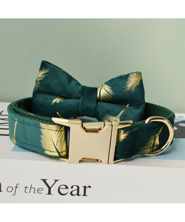 Forest Green Gold Leaves Personalized Bow Tie Collar
