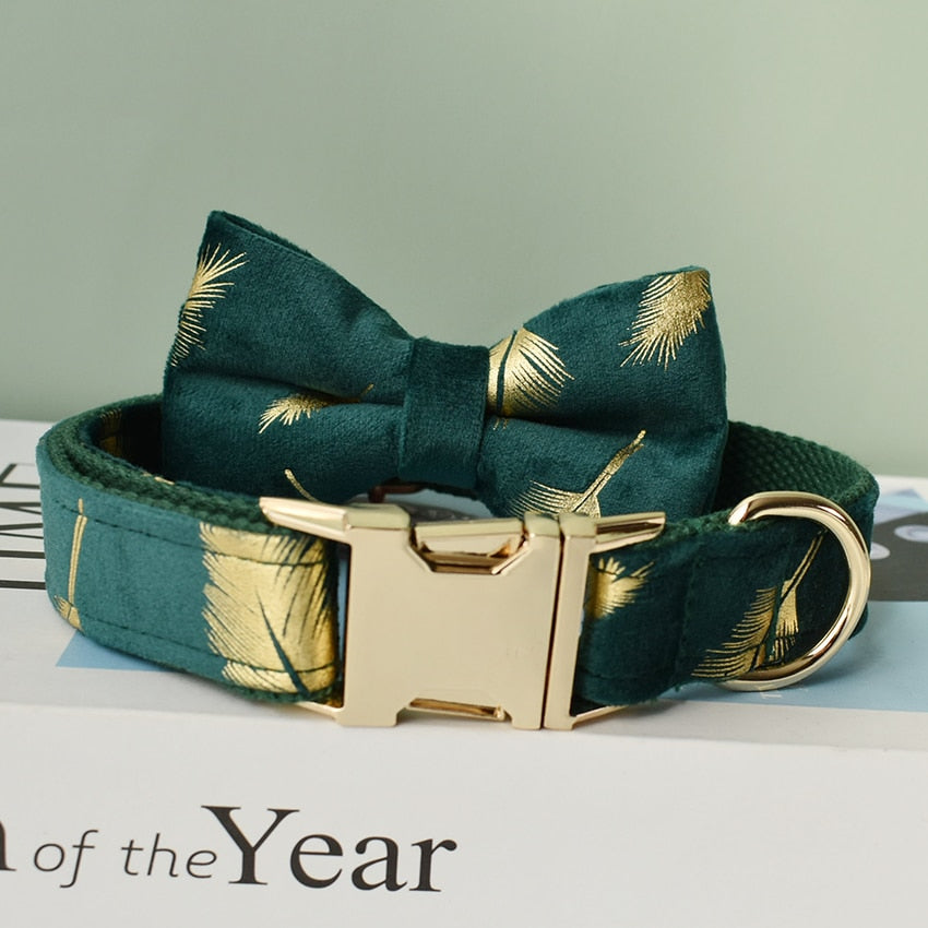 Forest Green Gold Leaves Personalized Bow Tie Collar