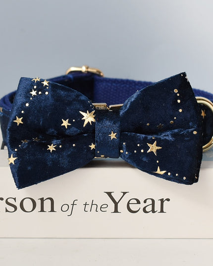Navy Blue & Gold Stars Personalized Bow Tie Collar